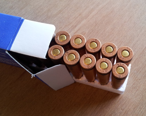 Box of 7.62x39mm rifle ammunition cartridges.