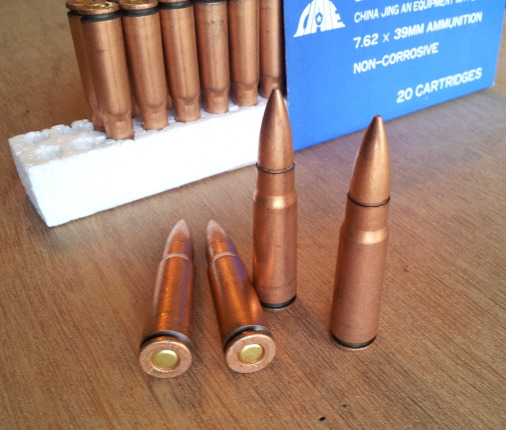 Box of 7.62x39mm rifle ammunition cartridges.