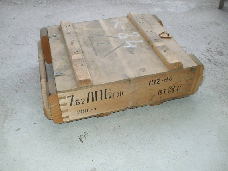 Wooden crate of military surplus 7.62x54mmR ammunition.