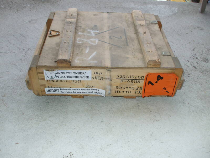 Wooden crate of military surplus 7.62x54mmR ammunition.