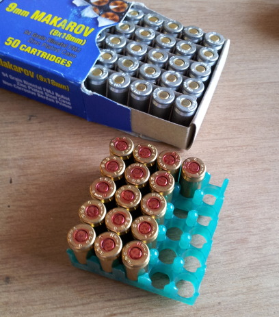 9x18mm pistol ammunition cartridges. Aluminum cases from Bear and brass cases with lacquered primers from Sellier & Bellot.