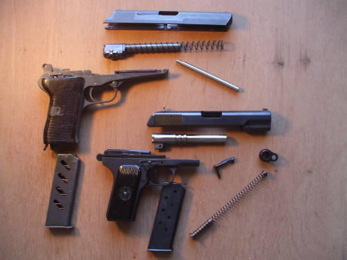 Czech ČZ-52 and Romanian TTC 7.62x25mm pistols, field stripped.