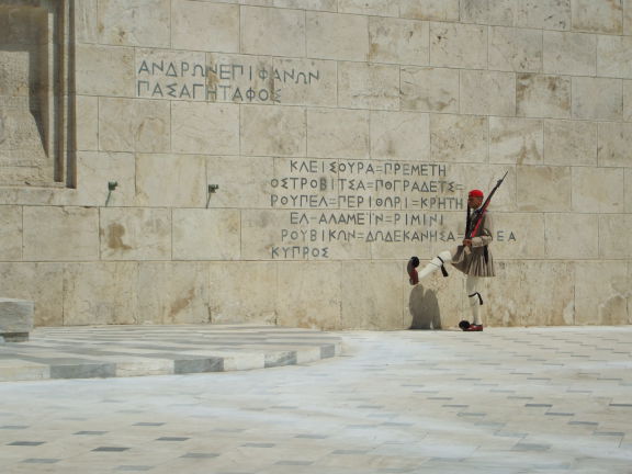 Evzoni, or Proedriki Froura, or Presidential Guard, at Plateia Syntagma, or Constitution Square, in Athens.