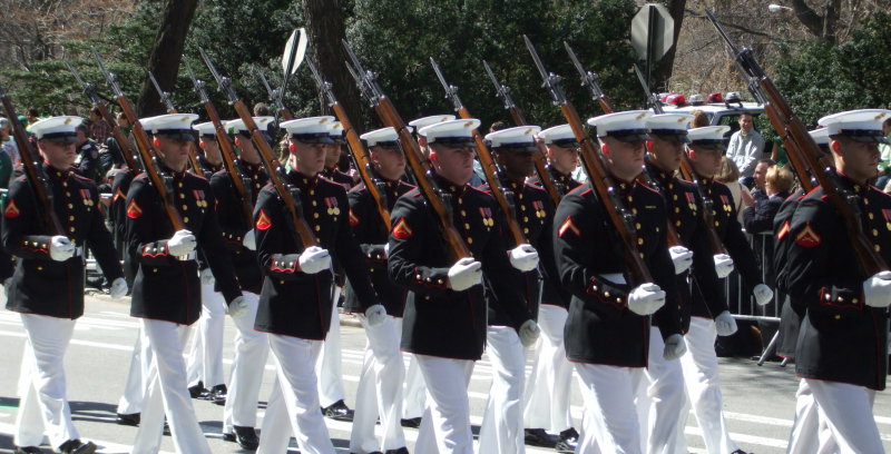 U.S. Marine Corps unit carrying M1 Garand rifles in the Saint Patrick's Day parade in New York.