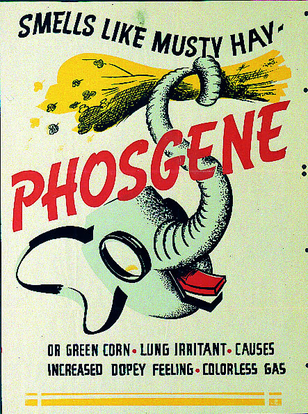 Phosgene smells like musty hay or green corn, it's a lung irritant, it's a colorless gas causing a dopey feeling. From https://en.wikipedia.org/wiki/File:Phosgene_poster_ww2.jpg, GNU Free Documentation License