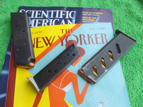 Magazine for the M1911 pistol, the FEG PA-63 pistol, and the ČZ-52 pistol, and issues of 'Scientific American' and 'The New Yorker'.