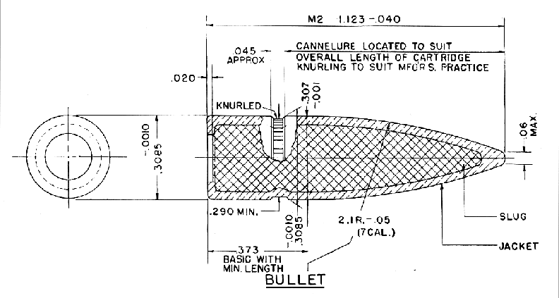 Mechanical drawing or machinist's drawing of Bullet, Ball, caliber .30 M2